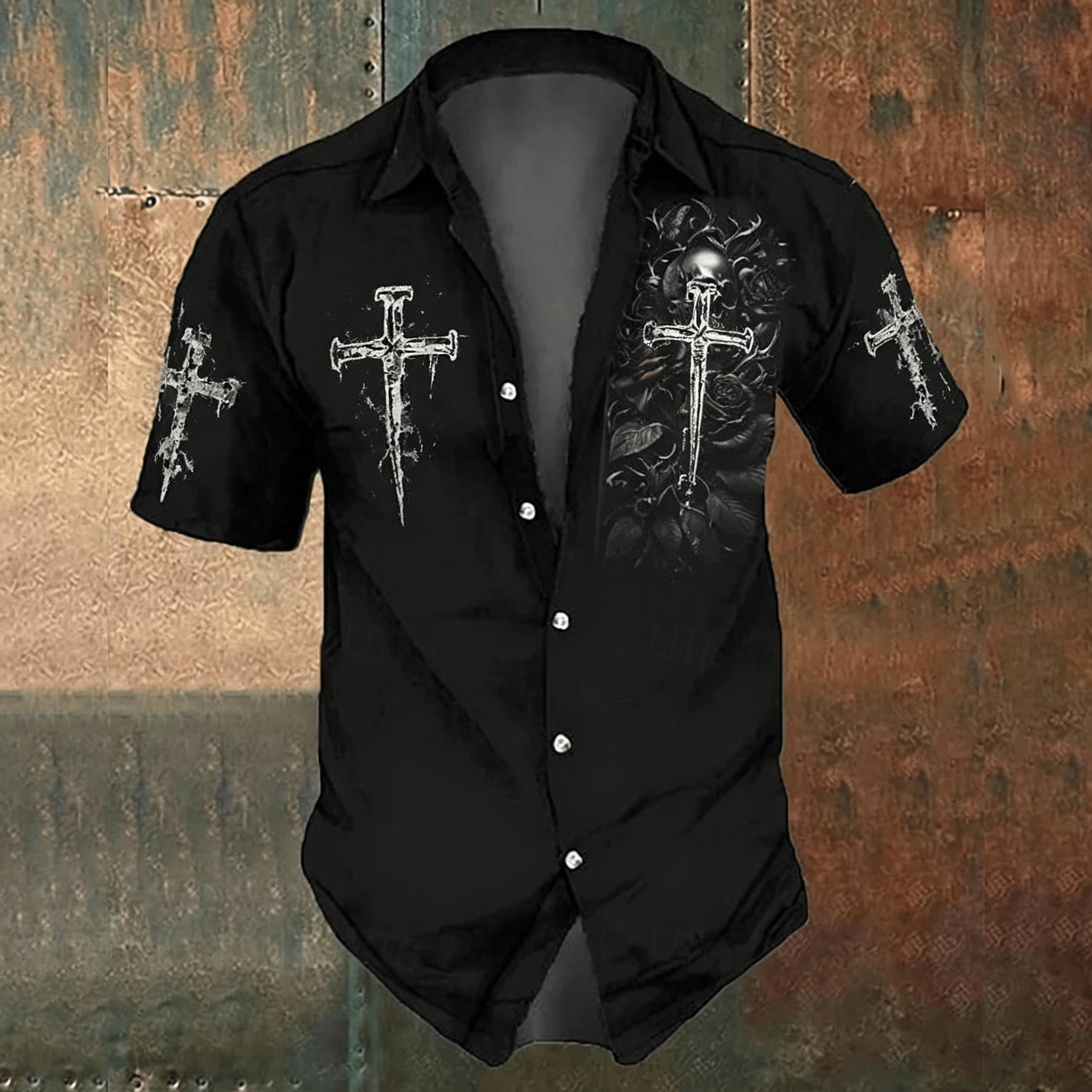 Men'S Gothic Formal Wear - Camisa Casual Negra con Estampado de